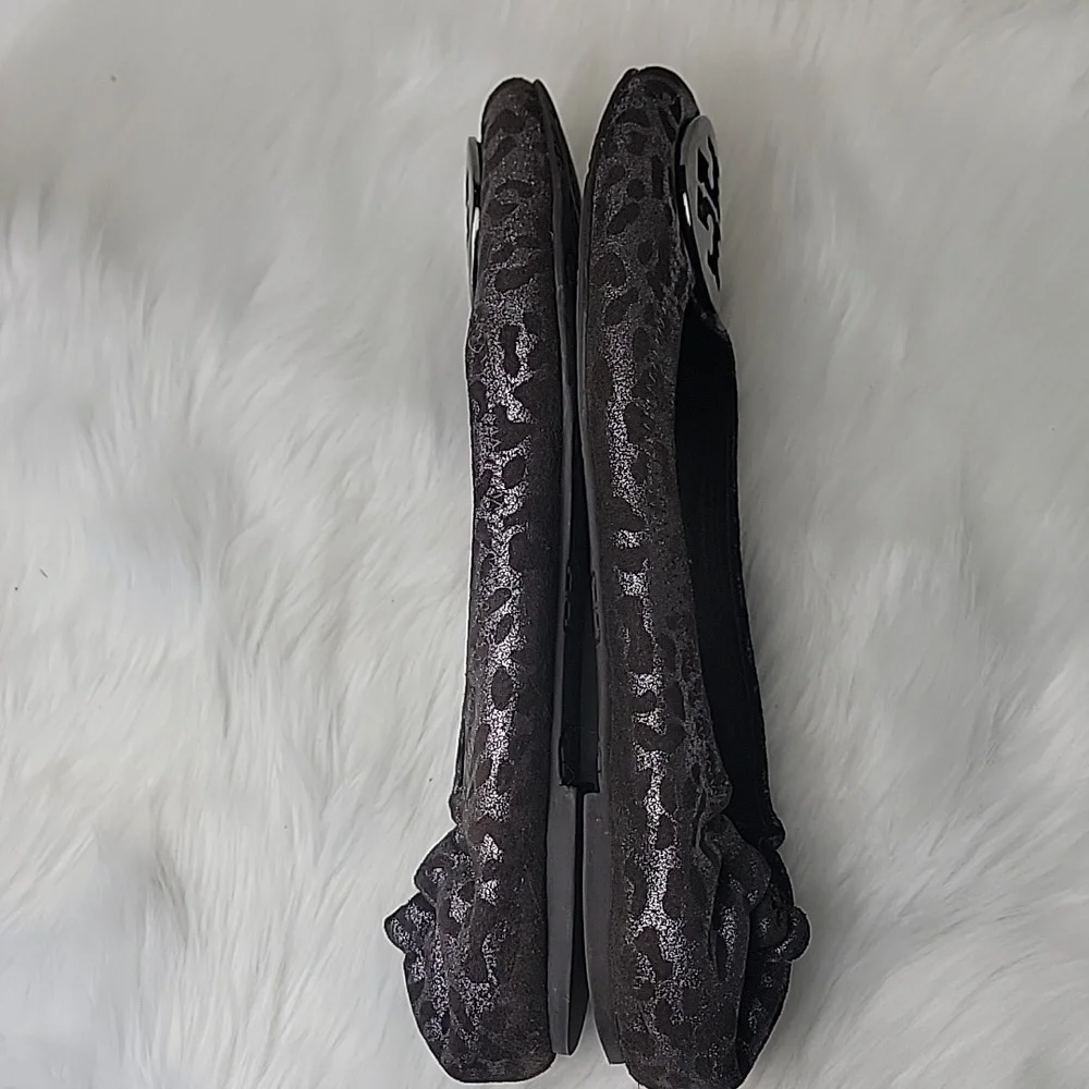 TORY BURCH Leopard Animal Print Metallic Silver Brown Medallion Logo Ballet Flat